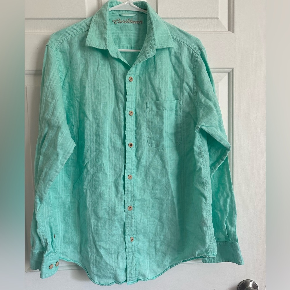 Caribbean M Aqua Linen Blend Long Sleeve Button Up Hawaiian Shirt